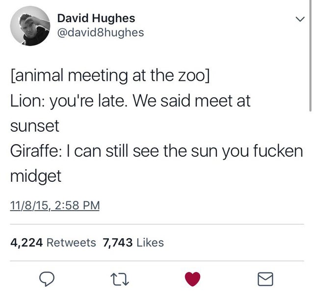 animal meeting at the zoo meme - David Hughes animal meeting at the zoo Lion you're late. We said meet at sunset Giraffe I can still see the sun you fucken midget 11815, 4,224 7,743
