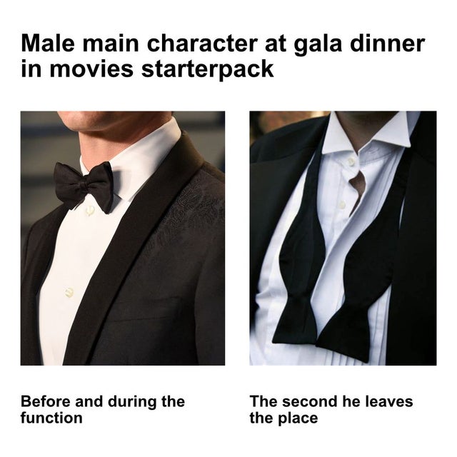 necktie - Male main character at gala dinner in movies starterpack Before and during the function The second he leaves the place