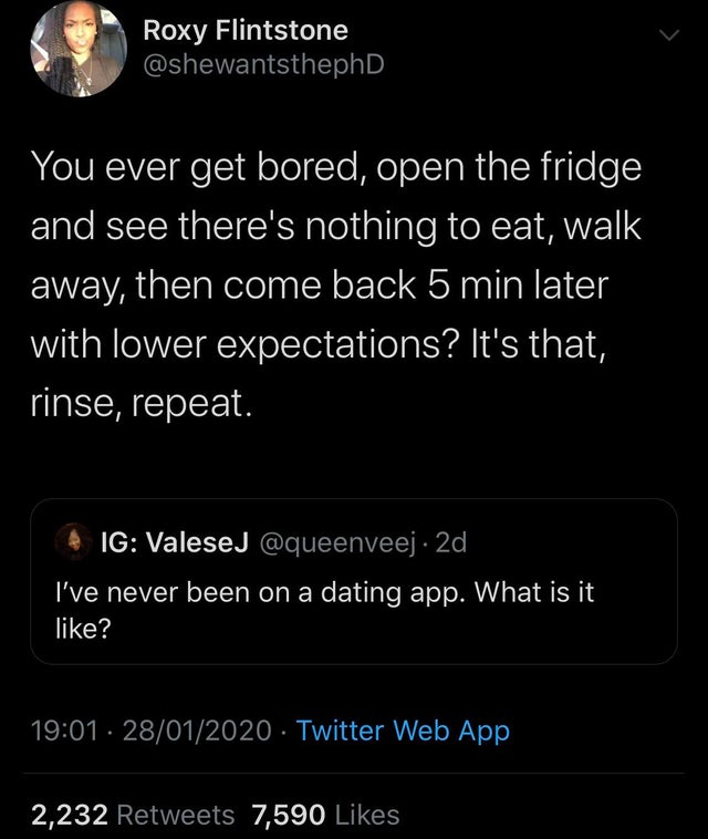 screenshot - Roxy Flintstone You ever get bored, open the fridge and see there's nothing to eat, walk away, then come back 5 min later with lower expectations? It's that, rinse, repeat. Ig Valesej 2d, I've never been on a dating app. What is it ? 28012020