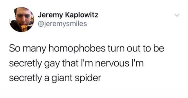 Jeremy Kaplowitz So many homophobes turn out to be secretly gay that I'm nervous I'm secretly a giant spider