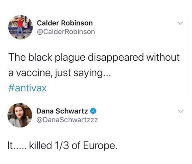 wish i was pretty meme - Calder Robinson Robinson The black plague disappeared without a vaccine, just saying... Dana Schwartz Schwartzzz It..... killed 13 of Europe.