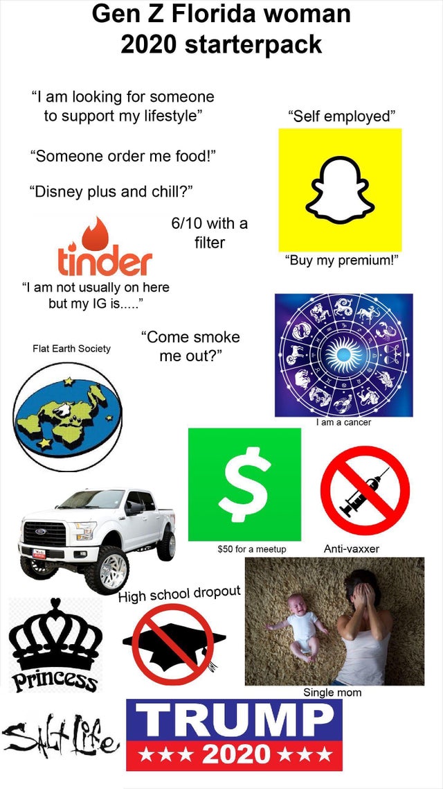 graphics - Gen Z Florida woman 2020 starterpack "I am looking for someone to support my lifestyle" "Self employed" "Someone order me food! Disney plus and chill?" 610 with a filter tinder "I am not usually on here but my Ig is....." Buy my premium!" Flat 