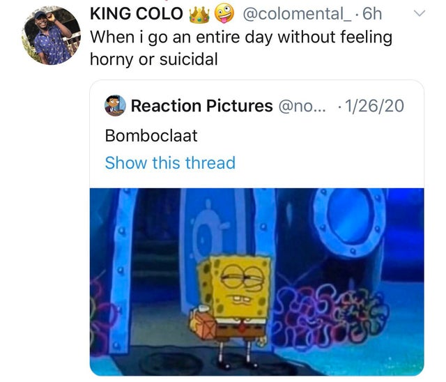 Humour - King Colou 6h When i go an entire day without feeling horny or suicidal Reaction Pictures ... 12620 Bomboclaat Show this thread s