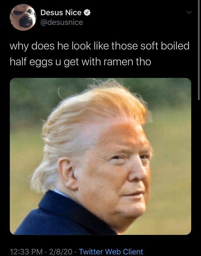Donald Trump - Desus Nice why does he look those soft boiled, half eggs u get with ramen tho 2820 Twitter Web Client