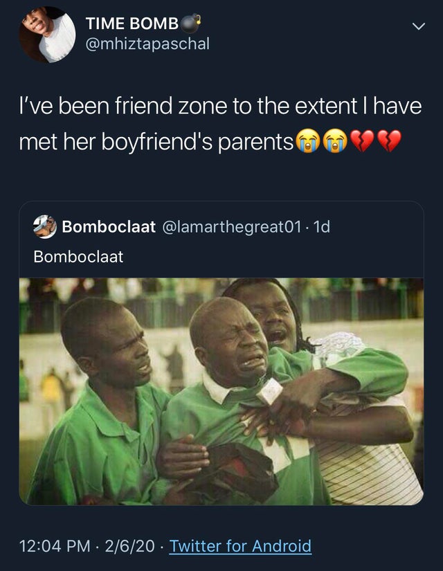 vhafuwi on muvhango - Time Bomb I've been friend zone to the extent I have met her boyfriend's parents Bomboclaat . 10, Bomboclaat 2620 Twitter for Android