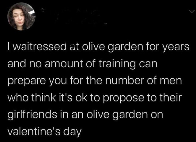 run like an animal - Twaitressed at olive garden for years and no amount of training can prepare you for the number of men who think it's ok to propose to their girlfriends in an olive garden on valentine's day