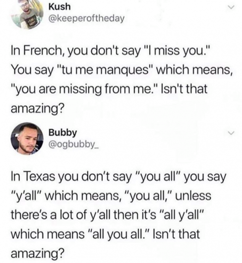 Humour - Kush In French, you don't say "I miss you." You say "tu me manques" which means, "you are missing from me." Isn't that amazing? Bubby In Texas you don't say "you all" you say "y'all" which means, "you all," unless there's a lot of y'all then it's