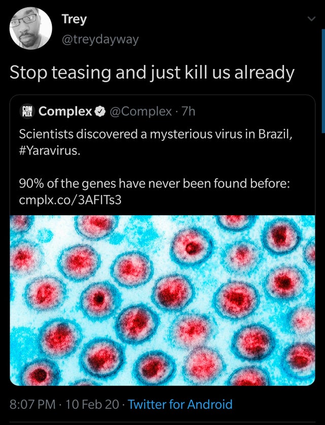 hiv virus - Trey Stop teasing and just kill us already Film Complex Complex 7h Scientists discovered a mysterious virus in Brazil, . 90% of the genes have never been found before cmplx.co3AFITs3 10 Feb 20 Twitter for Android