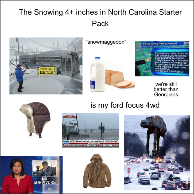 The Snowing 4 inches in North Carolina Starter Pack "snowmaggedon" Over 300 Patates we're still better than Georgians is my ford focus 4wd Survivors