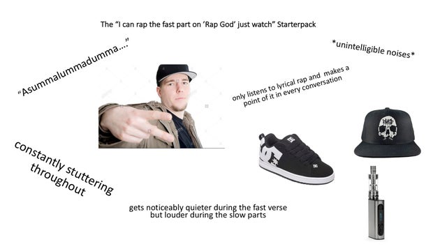 microphone - The "I can rap the fast part on 'Rap God just watch" Starterpack unintelligible noises "Asummalummadumma...." only listens to lyrical rap and makes a point of it in every conversation constantly stuttering throughout gets noticeably quieter d