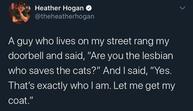 Heather Hogan A guy who lives on my street rang my doorbell and said, "Are you the lesbian who saves the cats?" And I said, "Yes. That's exactly who I am. Let me get my coat."