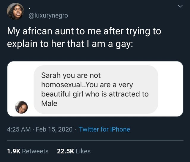 online advertising - My african aunt to me after trying to explain to her that I am a gay Sarah you are not homosexual..You are a very beautiful girl who is attracted to Male . Twitter for iPhone