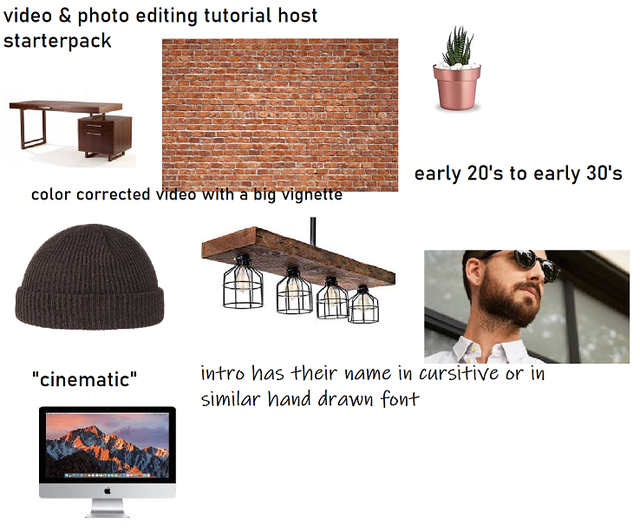 table - video & photo editing tutorial host starterpack 1 early 20's to early 30's color corrected video with a big vignette "cinematic" intro has their name in cursitive or in similar hand drawn font