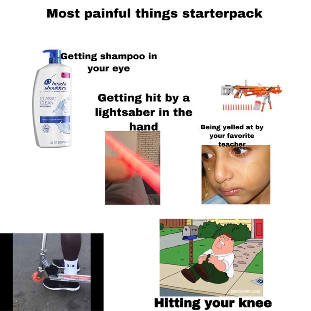 water - Most painful things starterpack Getting shampoo in your eye heads Jokkers Classic Clean Getting hit by a lightsaber in the hand Being yelled at by your favorite teacher auswim.com Hitting your knee