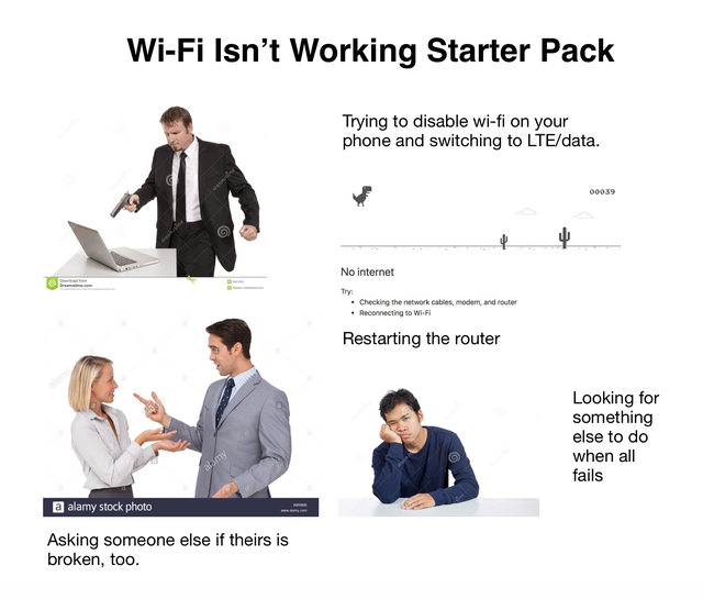 presentation - WiFi Isn't Working Starter Pack Trying to disable wifi on your phone and switching to Ltedata. 00039 No internet . Checking the network cables, modem, and router Reconnecting to WiFi Restarting the router Looking for something else to do wh