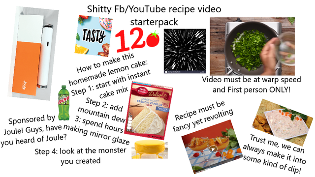 fast food - Shitty FbYouTube recipe video starterpack Tasty 12 Joule How to make this homemade lemon cake Step 1 start with instant Ste cake mix Video must be at warp speed and First person Only! Step 2 add mountain dew 3 spend hours ve making mirror glaz