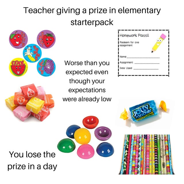 toy - Teacher giving a prize in elementary starterpack Homework Passil Ss Redeem for one assignment Name Assignment Date Used Worse than you expected even though your expectations were already low Gar 5S JO1192 rancher .. com Lll Bername You lose the priz