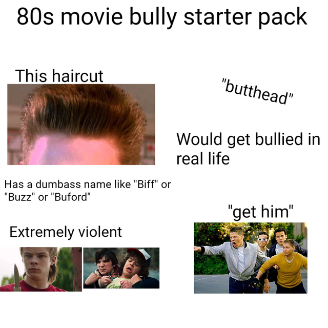 human behavior - 80s movie bully starter pack This haircut "butthead" Would get bullied in real life Has a dumbass name "Biff" or "Buzz" or "Buford" "get him" Extremely violent