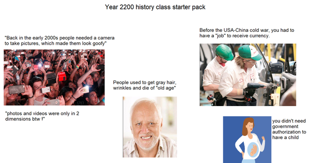 muscle - Year 2200 history class starter pack Before the UsaChina cold war, you had to have a "job" to receive currency. "Back in the early 2000s people needed a camera to take pictures, which made them look goofy" People used to get gray hair, wrinkles a