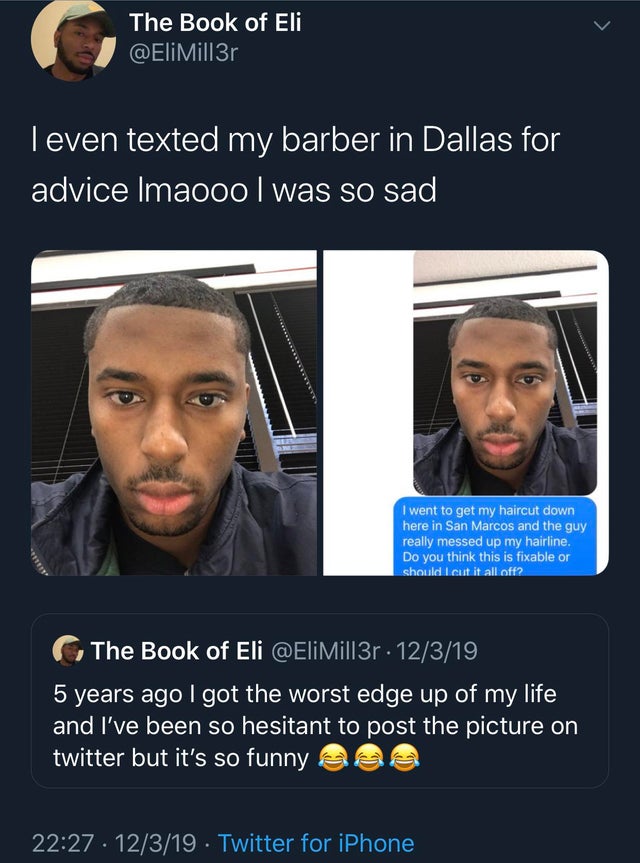 photo caption - The Book of Eli Teven texted my barber in Dallas for advice Imaooo I was so sad I went to get my haircut down here in San Marcos and the guy really messed up my hairline. Do you think this is fixable or should I cut it all off? The Book of