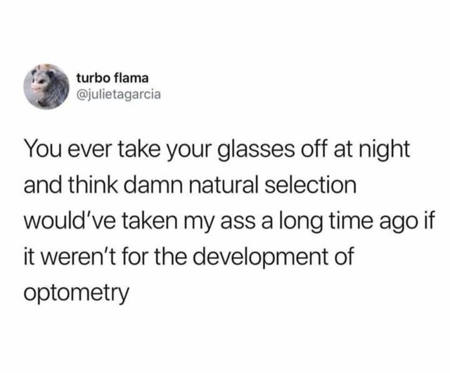 Humour - turbo flama You ever take your glasses off at night and think damn natural selection would've taken my ass a long time ago if it weren't for the development of optometry