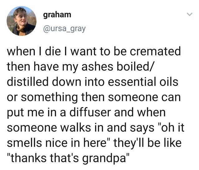 graham when I die I want to be cremated then have my ashes boiled distilled down into essential oils or something then someone can put me in a diffuser and when someone walks in and says "oh it smells nice in here" they'll be "thanks that's grandpa"