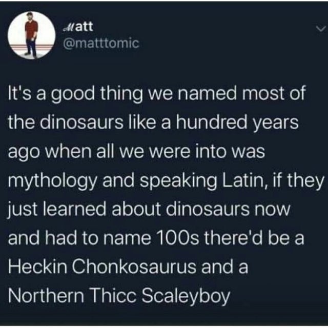 run like an animal - Matt It's a good thing we named most of the dinosaurs a hundred years ago when all we were into was mythology and speaking Latin, if they just learned about dinosaurs now and had to name 100s there'd be a Heckin Chonkosaurus and a Nor