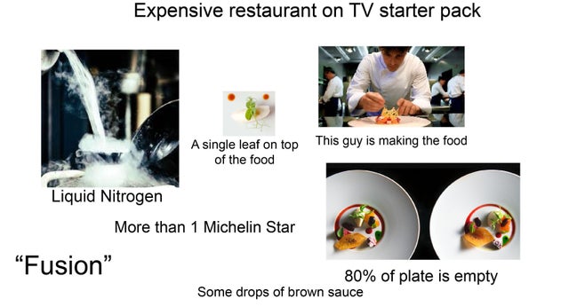 Expensive restaurant on Tv starter pack A single leaf on top of the food This guy is making the food Liquid Nitrogen More than 1 Michelin Star "Fusion" 80% of plate is empty Some drops of brown sauce