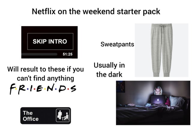 friends - Netflix on the weekend starter pack Skip Intro Sweatpants Usually in the dark Will result to these if you can't find anything Fr.I.E.N.D.S The Office