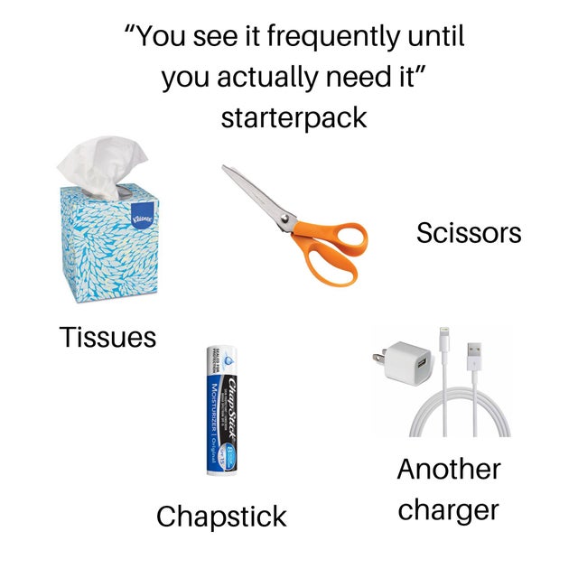 water - "You see it frequently until you actually need it" starterpack Scissors Tissues Wat O Moisturizer 1 Original Chap Stick 8 Another charger Chapstick