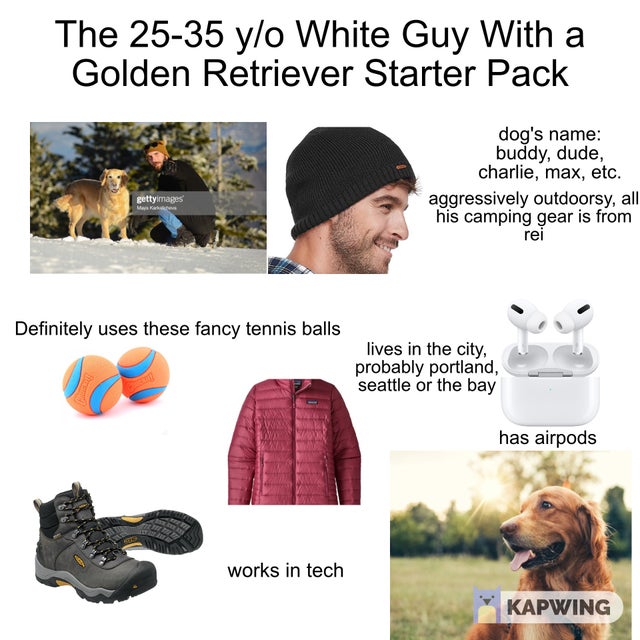 snout - The 2535 yo White Guy With a Golden Retriever Starter Pack dog's name buddy, dude, charlie, max, etc. aggressively outdoorsy, all his camping gear is from rei gettyimages Definitely uses these fancy tennis balls lives in the city, probably portlan