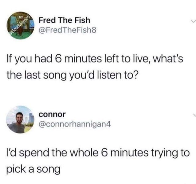 my essay is 642 words and i need 700 - Fred The Fish TheFish8 Best Memes If you had 6 minutes left to live, what's the last song you'd listen to? connor I'd spend the whole 6 minutes trying to pick a song