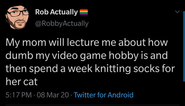 quotes - One Rob Actually My mom will lecture me about how dumb my video game hobby is and then spend a week knitting socks for her cat 08 Mar 20 Twitter for Android