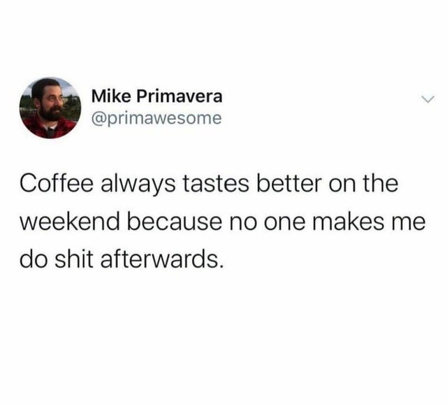 Internet meme - Mike Primavera Coffee always tastes better on the weekend because no one makes me do shit afterwards.