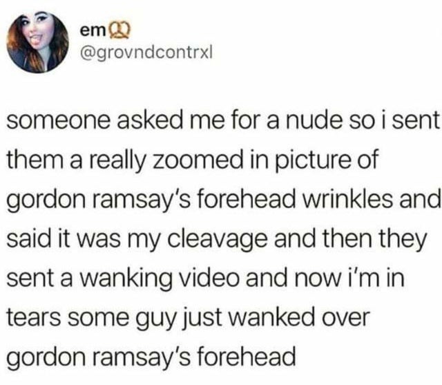 trauma quotes - emQ someone asked me for a nude so i sent them a really zoomed in picture of gordon ramsay's forehead wrinkles and said it was my cleavage and then they sent a wanking video and now i'm in tears some guy just wanked over gordon ramsay's fo