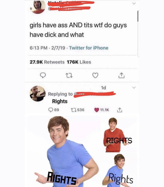 Meme - girls have ass And tits wtf do guys have dick and what . 2719 Twitter for iPhone 1d com Rights 269 27536 Rights Rights Rights