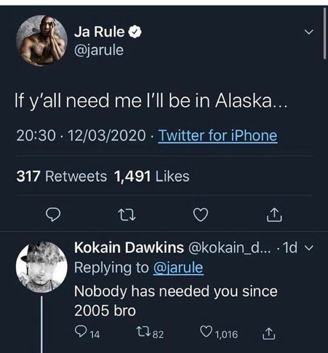 screenshot - Ja Rule 'If y'all need me I'll be in Alaska... 12032020 Twitter for iPhone 317 1,491 Kokain Dawkins ... . 1d Nobody has needed you since 2005 bro 014 2782 1,016 t
