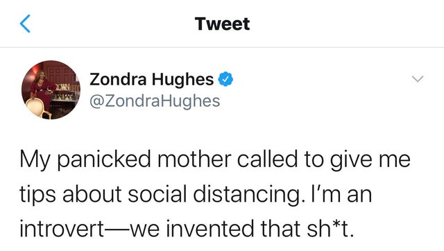 trump see you in court - Tweet Zondra Hughes Hughes My panicked mother called to give me tips about social distancing. I'm an introvertwe invented that sht.
