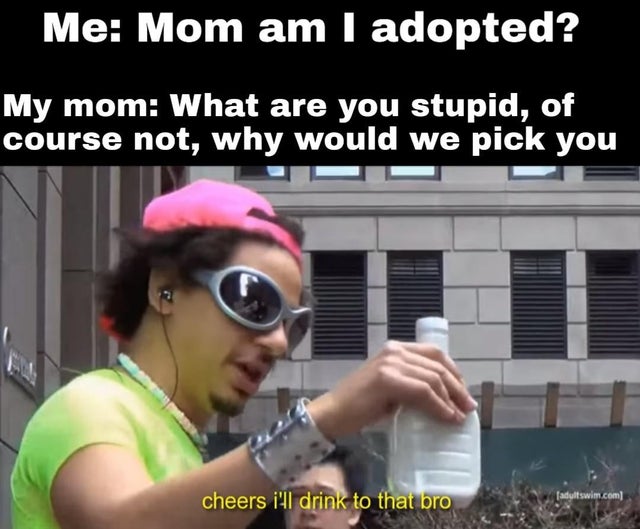 cheers i ll drink to that meme - Me Mom am I adopted? My mom What are you stupid, of course not, why would we pick you cheers i'll drink to that bro adultswim.com