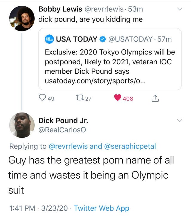 anand giridharadas twitter - Bobby Lewis . 53m dick pound, are you kidding me Webm Usa Today . 57m Exclusive 2020 Tokyo Olympics will be postponed, ly to 2021, veteran Ioc member Dick Pound says usatoday.comstorysports0... 2 49 2227 408 Dick Pound Jr. and