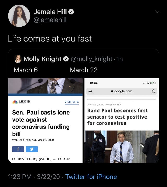 multimedia - Jemele Hill Life comes at you fast Molly Knight March 6 1h March 22 ..Sge Aa google.com Lex 18 Visit Site Sen. Paul casts lone vote against coronavirus funding bill Web Staff , Edt Rand Paul becomes first senator to test positive for coronavi