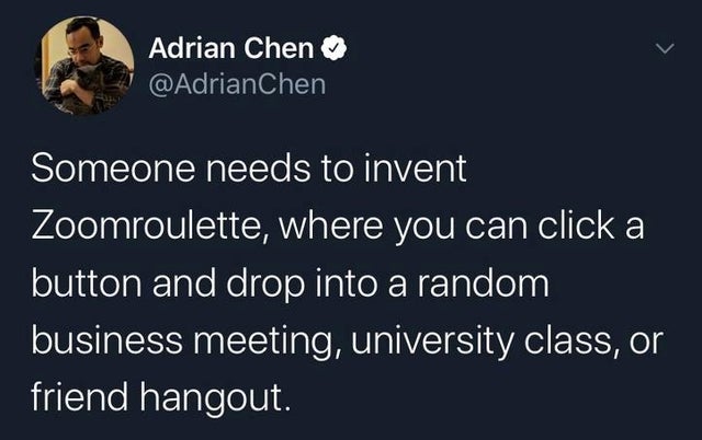 shehla rashid tweet 370 - Adrian Chen Someone needs to invent Zoomroulette, where you can click a button and drop into a random business meeting, university class, or friend hangout.