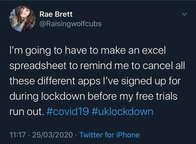 twitter funny tweets - I'm going to have to make an excel spreadsheet to remind me to cancel all these different apps I've signed up for during lockdown before my free trials run out.