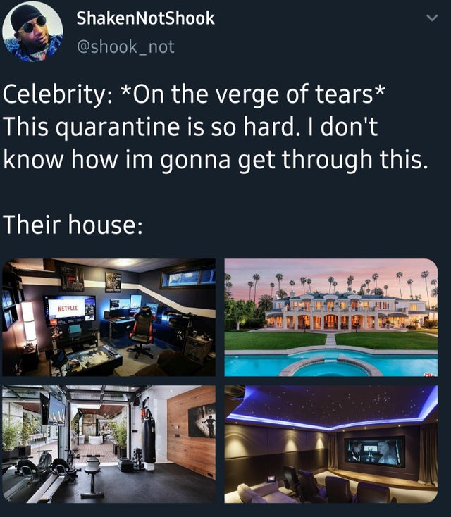 twitter - Celebrity On the verge of tears: This quarantine is so hard. I don't know how I'm gonna get through this. - Their house