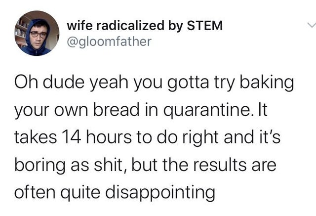 angle - wife radicalized by Stem Oh dude yeah you gotta try baking your own bread in quarantine. It takes 14 hours to do right and it's boring as shit, but the results are often quite disappointing