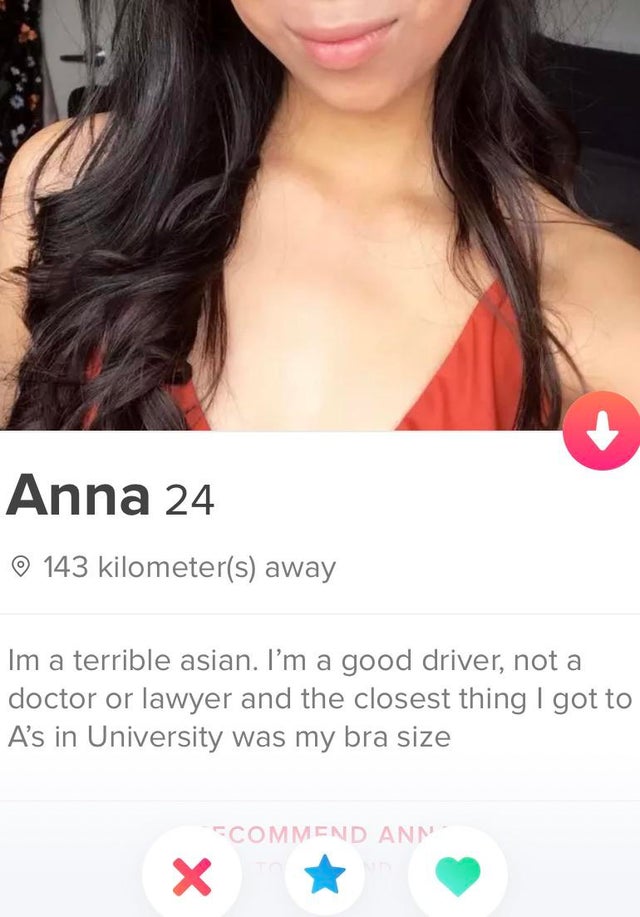 shoulder - Anna 24 143 kilometers away Im a terrible asian. I'm a good driver, not a doctor or lawyer and the closest thing I got to A's in University was my bra size Ecommend Ann Xtk