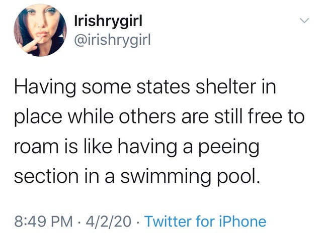 deaf bakugou - Irishrygirl Having some states shelter in place while others are still free to roam is having a peeing section in a swimming pool. 4220 Twitter for iPhone