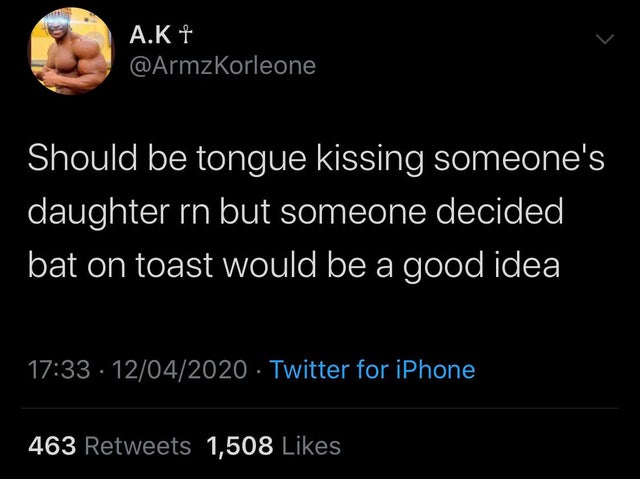 atmosphere - A.K Should be tongue kissing someone's daughter rn but someone decided bat on toast would be a good idea 12042020 Twitter for iPhone 463 1,508