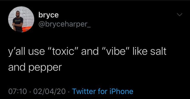 darkness - bryce y'all use "toxic" and "vibe" salt and pepper 020420 Twitter for iPhone