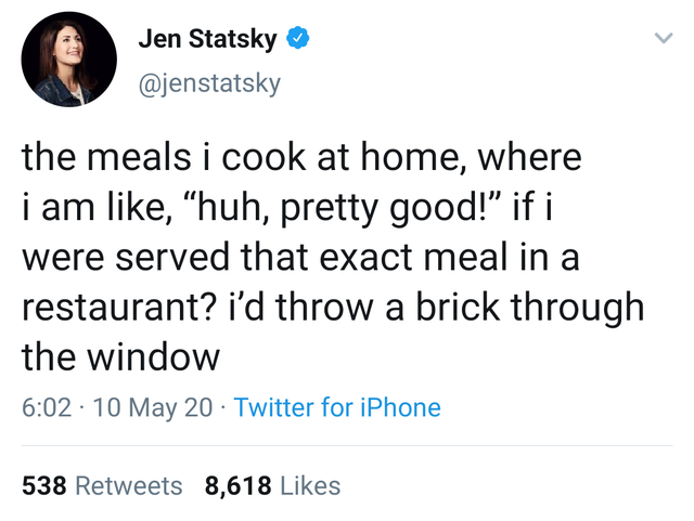 cracker barrel black people - Jen Statsky the meals i cook at home, where i am , "huh, pretty good!" if i were served that exact meal in a restaurant? i'd throw a brick through the window 10 May 20 Twitter for iPhone 538 8,618